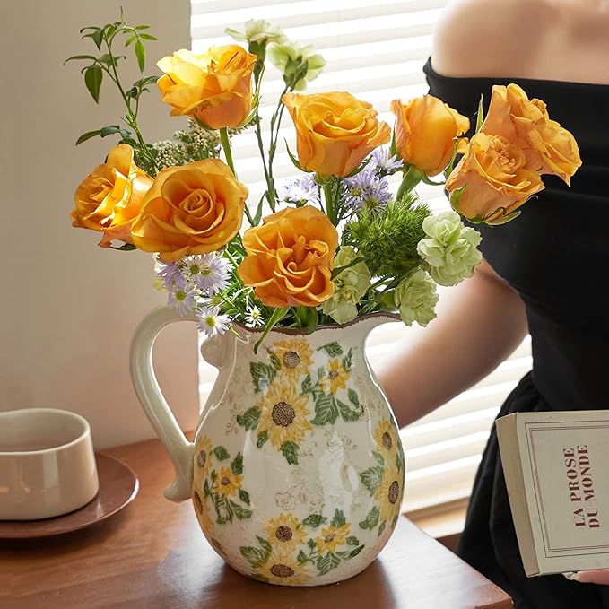 Levvohd Vintage Vase with Handle, 7.6 Inch Ceramic Pitcher Sunflower Floral Vase, Rustic Farmhouse Vases for Grandma Core Home Decor, Bookshelf Office Tuscan Decor (Large)