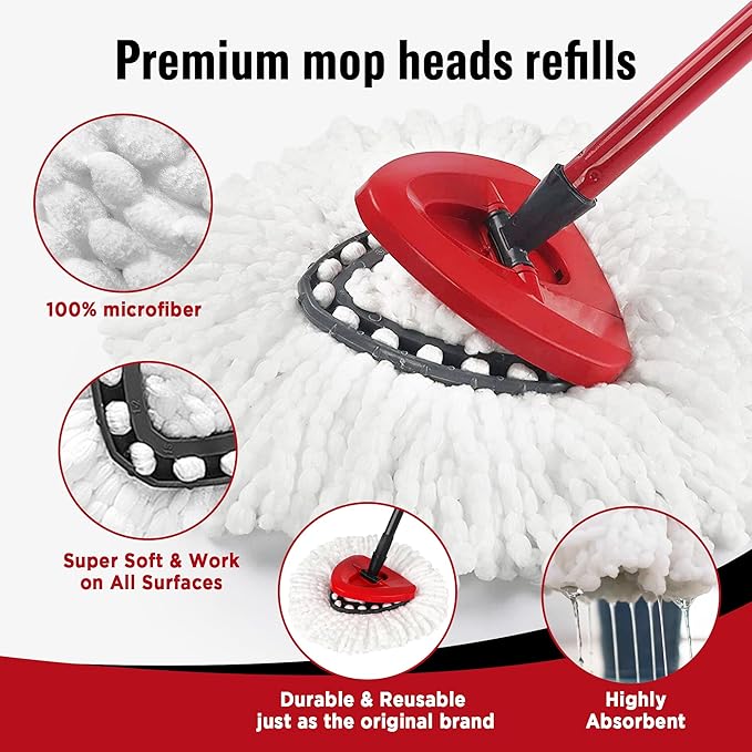 Mop Head Replacement - Spin Mop Replacement Head - Microfiber Easywring Mop Heads for O-Cedar, [6 Pack] Easy to Install and Easy-to-Replace, Machine Washable Mop Refill