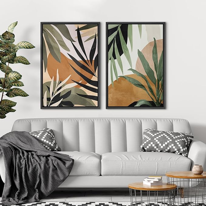 SIGNFORD Framed Canvas Print Wall Art Set Tropical Island Palm Leaf Geometric Collage Abstract Nature Illustrations Modern Art Decorative Minimalist Floral Botanical for Bedroom - 16"x24"x2 Black