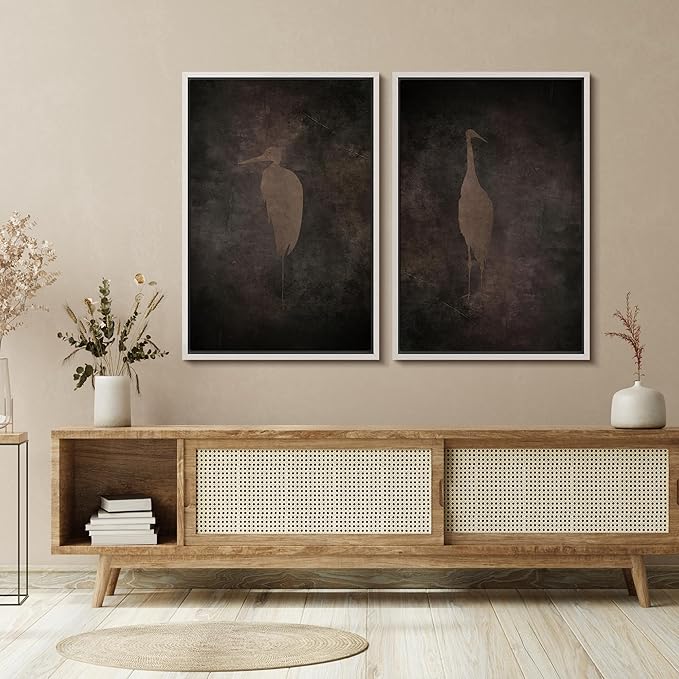 SIGNFORD Framed Canvas Print Wall Art Set Abstract Crane Silhouettes Vintage Dark Tones Illustration Modern Art Decorative Nordic Nature for Living Room, Bedroom, Office - 24"x36"x2 White