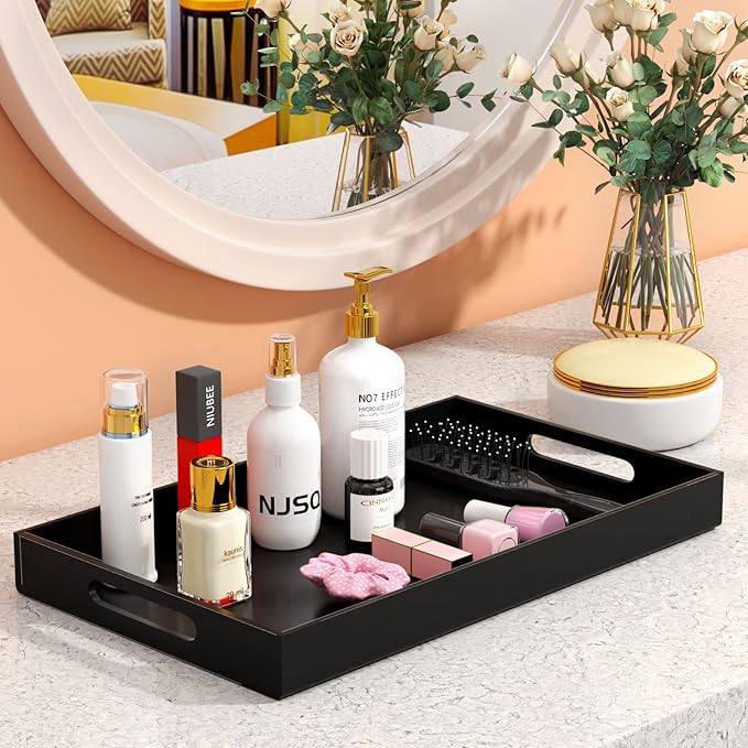 NIUBEE Acrylic Serving Tray 12x20 Inches -Spill Proof- Black Decorative Tray Organiser for Ottoman Coffee Table Countertop with Handles