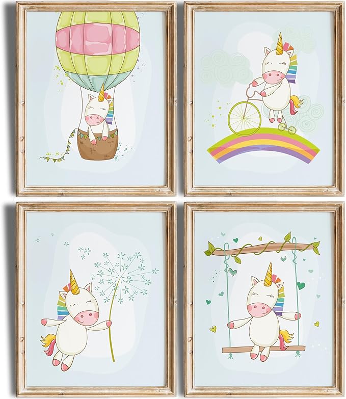 Unicorn Wall Decor Art Prints (Set of 4) - Unframed - 8x10s | Girls Room Decor | Enchanting and Whimsical Design | Adding Fantasy and Charm to Kids' Rooms or Nurseries | Wall Art for Unicorn Lovers