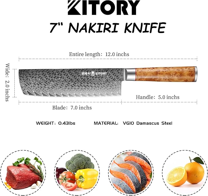 Kitory Damascus Nakiri Knife, 7" Ultra Sharp Kitchen knife - High Carbon 73-Layer 10Cr15CoMoV Stainless Steel - with White Shadow Wood Handle, for Kitchen and Restaurant, 2025 Gift