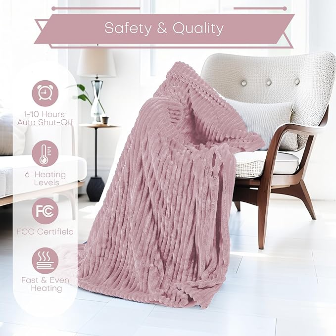 Electric Heated Blanket 50"x60" Throw Size with Cozy Flannel, 6 Heat Settings & 3 Hours Auto Off, Soft & Cozy Warming Throw for Home, Office, or Bed, Machine Washable, Pink
