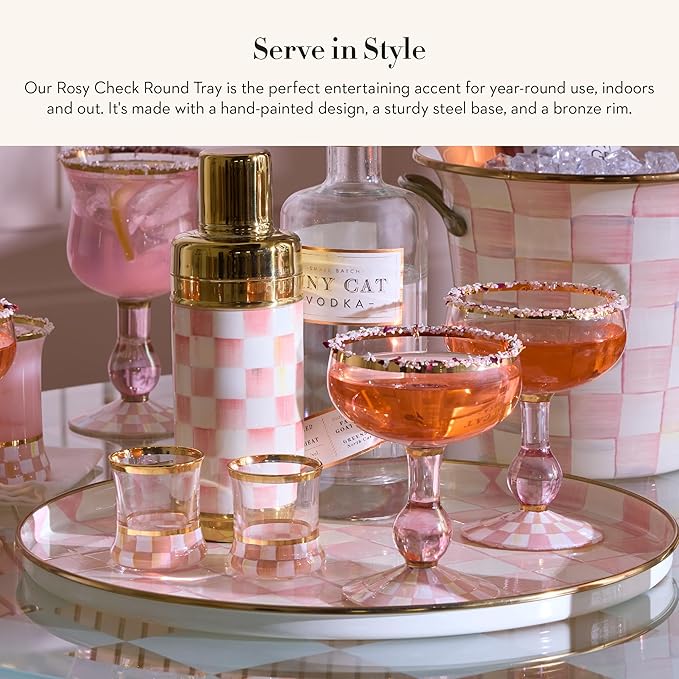 MACKENZIE-CHILDS Enamel Round Tray, Unique Serving Platter for Food and Drinks, Pink-and-White Rosy Check