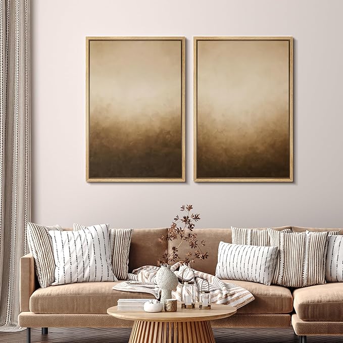 SIGNFORD Framed Canvas Print Wall Art Set Minimalist Gradient Brown Abstract Neutral Illustration Modern Art Decorative Nordic Nature for Living Room, Bedroom, Office - 24"x36"x2 Natural