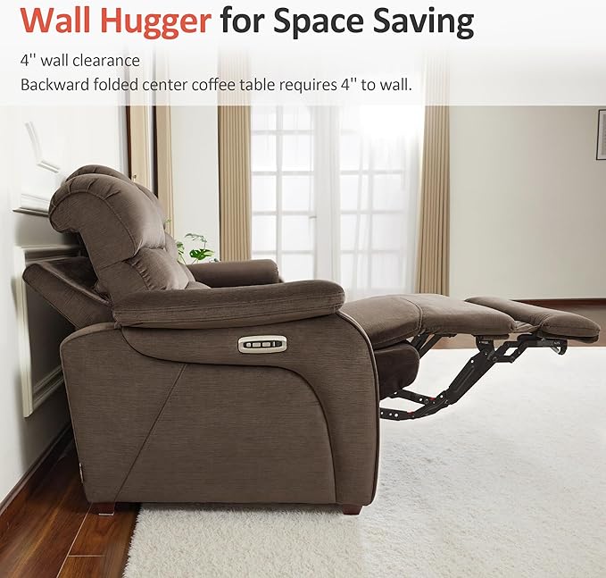 MCombo Wall Hugger Recliner Sofa with Drop Down Table, Power Reclining Sofa with Adjustable Headrest, USB A&C Charge Ports, Reading Lamp, Cup Holders, for Living Room, RVs (Fabric, ST258M3, Coffee)