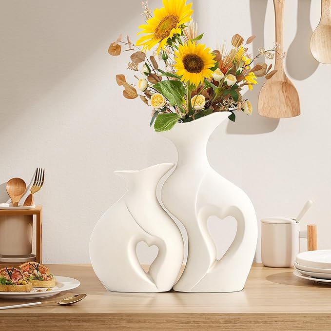 XL Pearl White Vases for Decor,Nordic Heart Shaped Ceramic Vase Set of 2,Modern Vase for Table Centerpiece Dining Living Room Office Coffee Table Wedding House Decoration