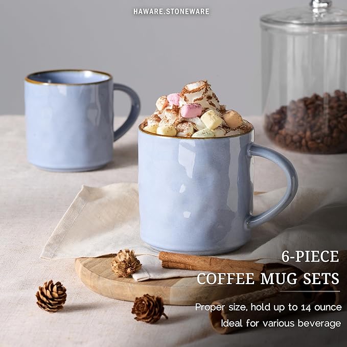 HaWare 14OZ Coffee Mugs Set of 6, Stoneware Coffee Cups with Handle, Latte Mug for Man, Woman, Dad, Mom, Modern Tea Mugs for Latte/Cappuccino/Cocoa/Milk, Dishwasher& Microwave Safe, Reactive Blue