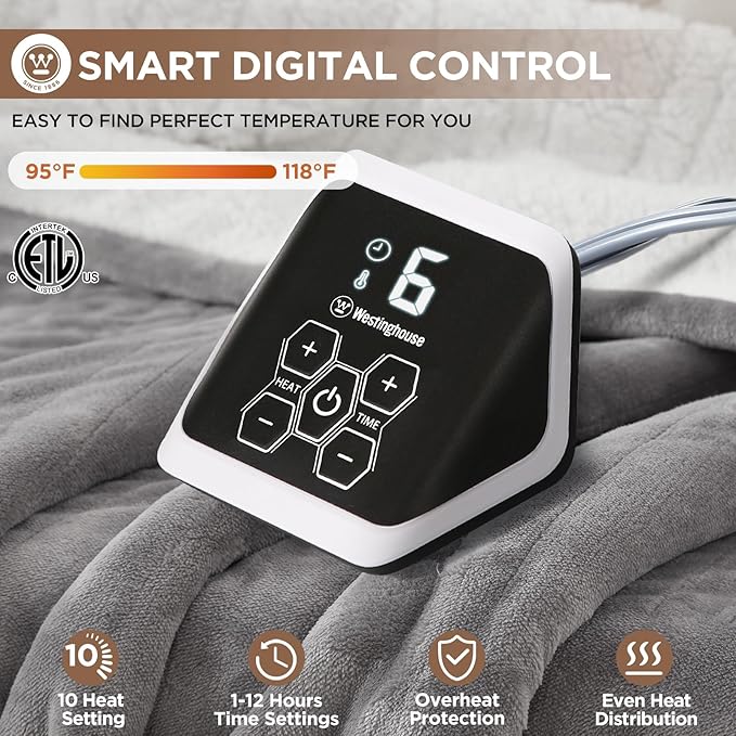 Westinghouse Heated Blanket Twin Size, Soft Flannel to Sherpa Electric Blanket with 10 Heating Levels, 12 Hours Auto Off, Fast Heating, Machine Washable, 62x84 Inch, Light Grey