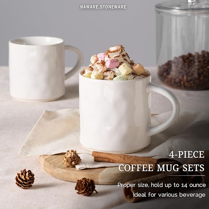 HaWare 14OZ Coffee Mugs Set of 4, Stoneware Coffee Cups with Handle, Latte Mug for Man, Woman, Dad, Mom, Modern Tea Mugs for Latte/Cappuccino/Cocoa/Milk, Dishwasher& Microwave Safe, Speckled White