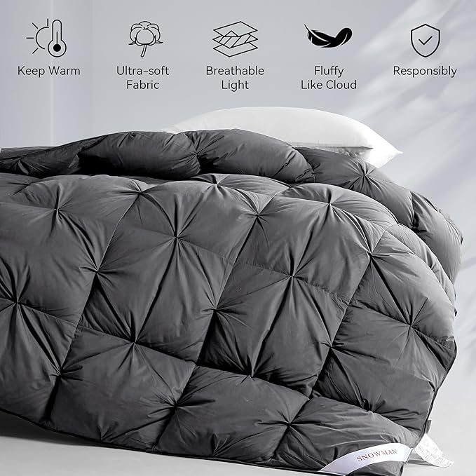 SNOWMAN Premium Down Comforter Cal King Size, Luxurious All Season Duvet Insert with Cotton Blended Fabric, 48oz Fill Weight Pinch Pleat Design Hotel Bedding Comforter (Grey,108"x98")