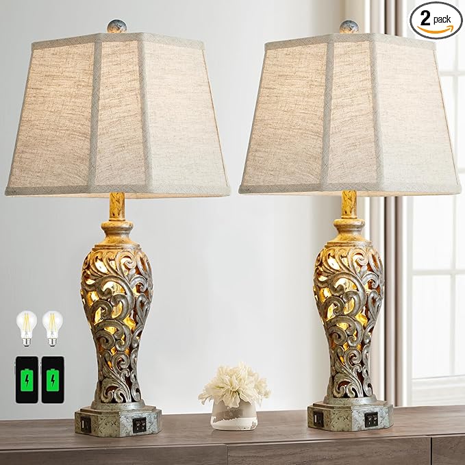 Vintage Table Lamps Set of 2 for Living Room Bedroom, 2 USB Ports 25'' Rustic Farmhouse Desk Lamp with Nightlight, Iron Gray Hollow Out Resin Lamp for End Table (Bulbs Included)
