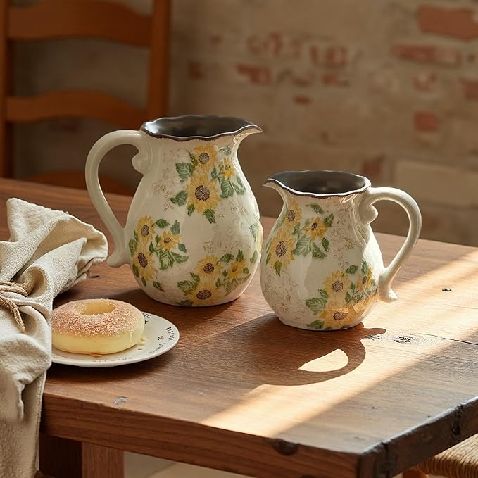 Levvohd Vintage Vase with Handle, 6 Inch Ceramic Pitcher Sunflower Floral Vases Decorative for Grandma Home Decor, Living Room Bookshelf Office Tuscan Decor (Small)