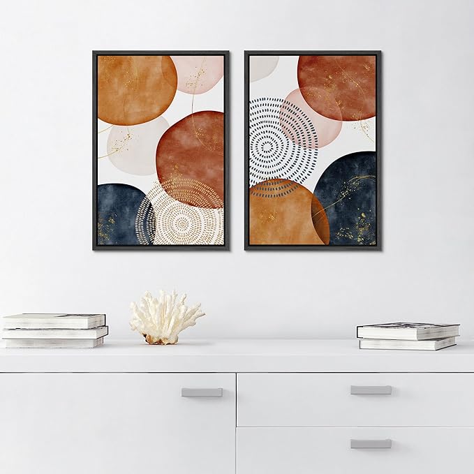 SIGNFORD Framed Wall Art Print Set Vintage Mid-Century Spiral Watercolor Dot Abstract Shapes Illustrations Modern Minimalist Multicolor for Living Room, Bedroom, Office - 24"x36"x2 Black