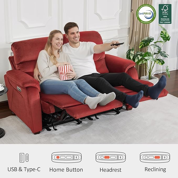MCombo Zero Wall Recliner Loveseat, Power Recliner Loveseat with Adjustable Headrest, USB A & C Charge Ports, Wood Legs, for Living Room, RVs, Small Spaces (Fabric, ST258M1, Burgundy)