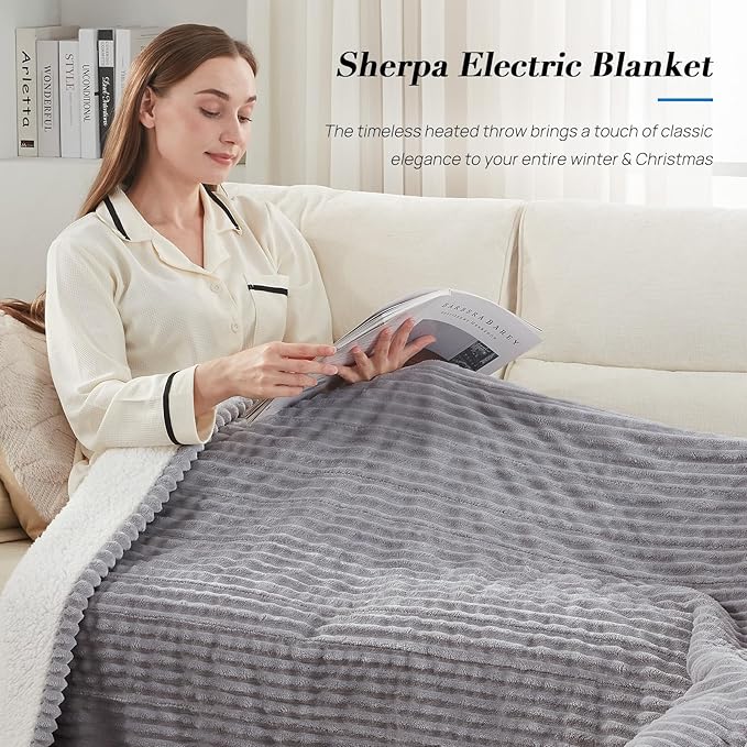 Westinghouse Heated Throw Blanket, Soft Flannel Sherpa Electric Throw with 6 Heating Levels & 2-10 Hours Auto Shut Off, Fast Heating & ETL Certification, Machine Washable, 50x60 Inch, Light Grey
