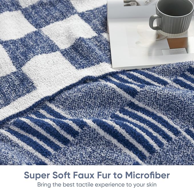 Snuggle Sac Navy Faux Fur Checkered Blanket Twin Size with Soft Knitted Microfiber Fabric,Fluffy Soft Warm Blanket for Sofa Bedroom,Cute Lightweight Striped Throws for Women,Heather Navy,60x80 inches