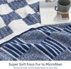 Snuggle Sac Navy Faux Fur Checkered Blanket Twin Size with Soft Knitted Microfiber Fabric,Fluffy Soft Warm Blanket for Sofa Bedroom,Cute Lightweight Striped Throws for Women,Heather Navy,60x80 inches
