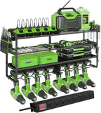 Max Loads 400lbs Power Tool Organizer Wall Mount, 4 Layer Garage Organization with 8 Cordless Drill Holder，Heavy Duty Metal Tool Storage Rack with 8 Outlet Power Strip for Room, Workshop