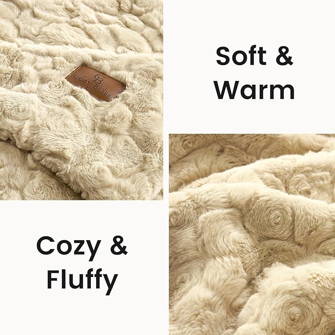 Cozy Bliss Faux Fur Throw Blanket for Couch, Fuzzy Soft Plush Thick Warm Fluffy Reversible Wave Textured Blanket for Sofa Bedroom Living Room, 55 * 70 Inches Kahki