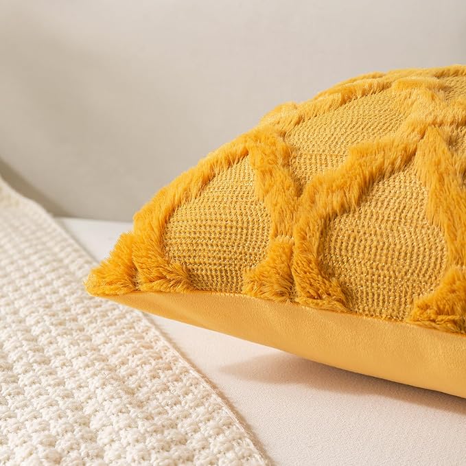 Set of 2 Soft Moroccan Throw Pillow Covers 18x18 Inch Plush Boho Decorative Pillow Cover Accent Cushion Case for Couch Sofa Bed, Mustard Yellow