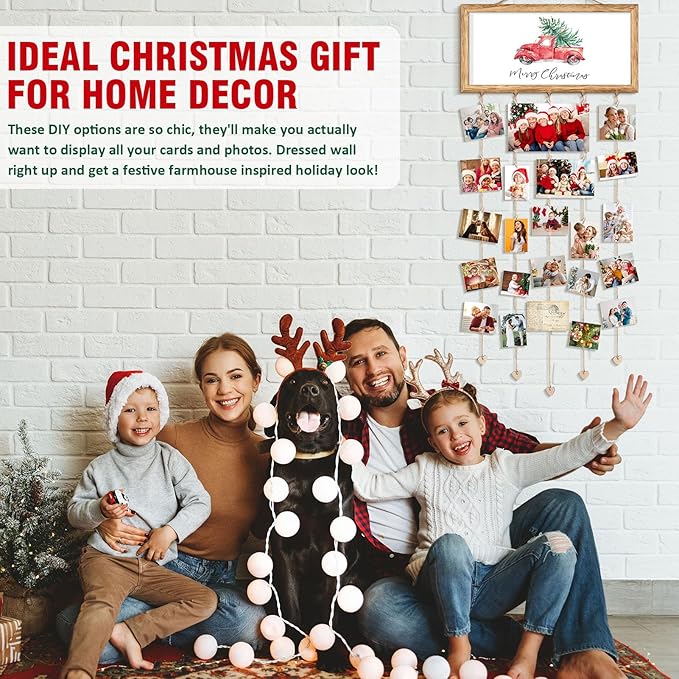 Wooden Family Christmas Card Display - Wall Hanging Sign & Photo Collage Holder for Living Room, Bedroom & Entryway