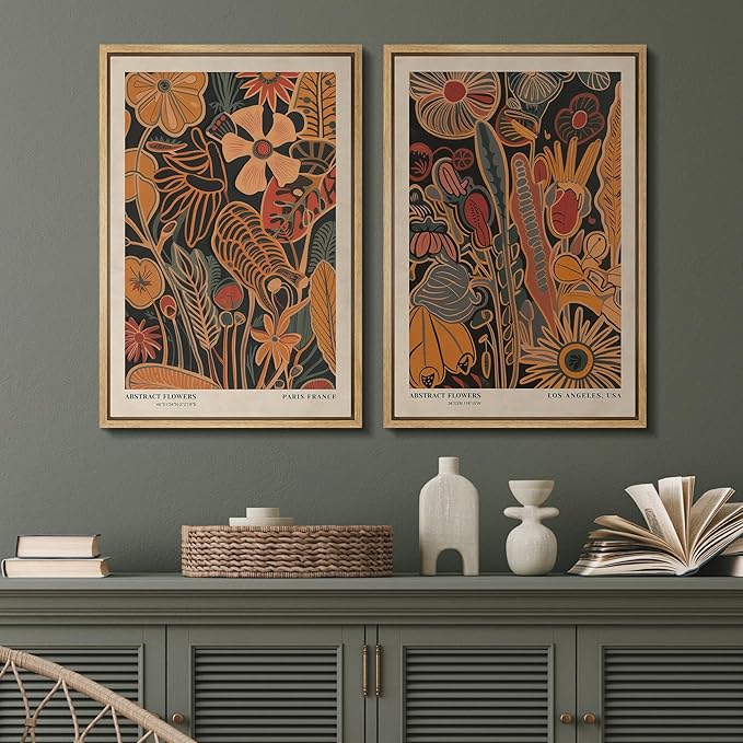 SIGNFORD Framed Canvas Print Wall Art Set Abstract Blossoms Vibrant Floral Illustration Modern Art Decorative Nordic Nature for Living Room, Bedroom, Office - 16"x24"x2 Natural