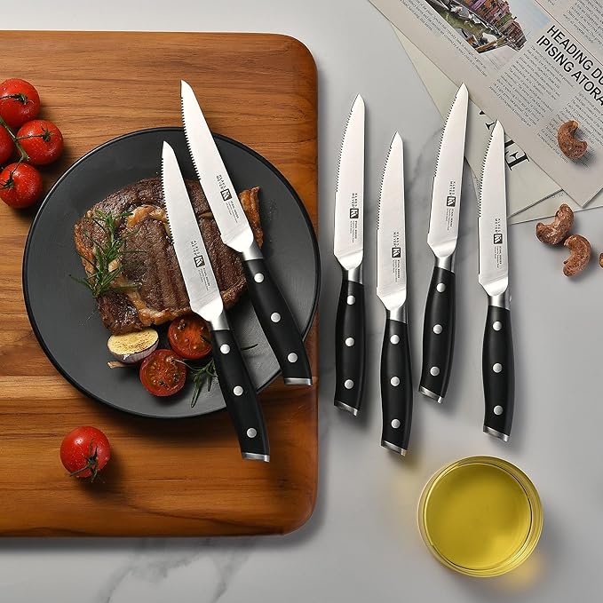 Klaus Meyer Stahl High Carbon Exclusive German Steel 4.5 inch 6 Piece Steak Knife Set (Black)