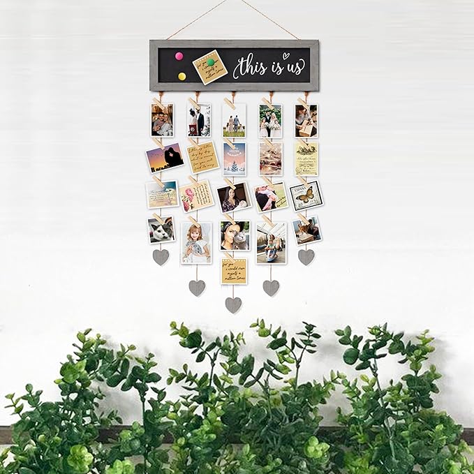 Picture Frames Cool Grey Collage Display Board with 30 Clips - Multi Photos Cards Organizer with Adjustable Twines and Magnetic Blackboard - DIY Wall Decor Hanging Picture Holder 15.7x5 Inches