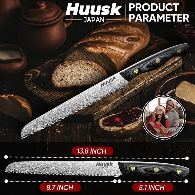 Huusk Damascus Serrated Bread Knife for Homemade Bread, VG10 Serrated Knife with Wide Wavy Edge, Tomato Slicer knife with Wooden Handle for Sourdough Baguette Sandwich,Birthday Dad Mom Gift
