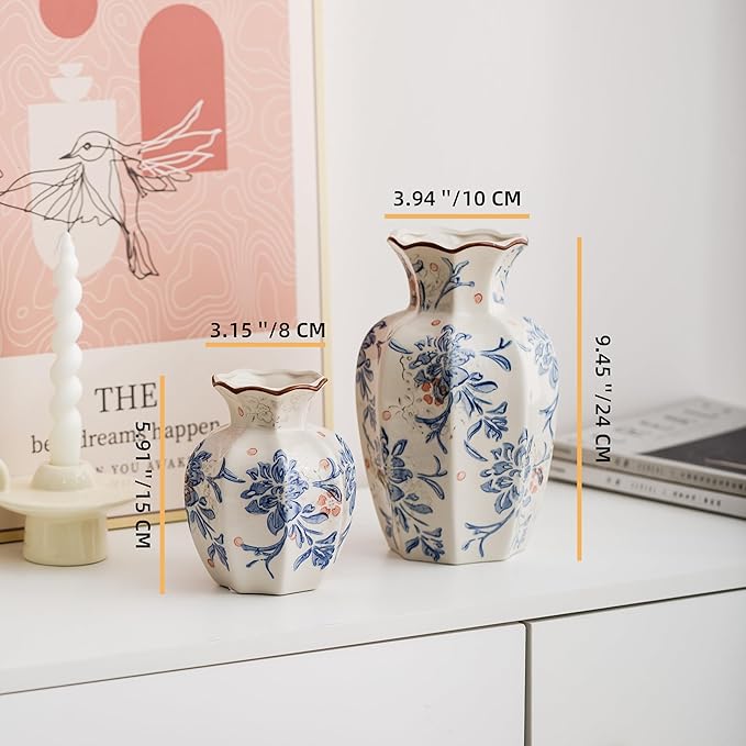 Blue and White Vase, Vintage Blue Ceramic Flower Vessel,Ceramic vases for Home Decor,Vintage Green and Beige for Console Table Mantle Chinoiserie Decor (Blue and White-02, Large)