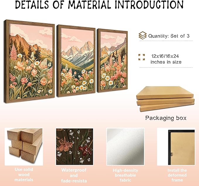 MUWAK Framed Mountain Landscape Canvas Wall Art Set of 3 – Rustic Wildflower and Sunset Nature Prints, Boho Floral Artwork Wall Decor with Wooden Frame for Living Room Bedroom Home Decor – 12x16in