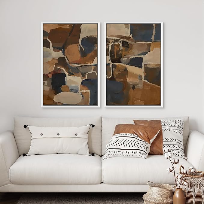 SIGNFORD Framed Canvas Print Wall Art Set Earthy Tones Abstract Layers Modern Brown and Blue Color Block Illustrations Modern Art Decorative for Living Room, Bedroom, Office - 24"x36"x2 White