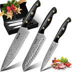 Huusk Damascus Chef Knife Set 3 PCS，VG10 Santoku Knives set，Damascus Kitchen Utility Knives set with Ebony Handle, Damascus Paring Knives Set for Meat Vegetable Fruit, Dad Mom Gift