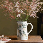 Ceramic Vintage Flower Vase with Handle, Chinoiserie Floral Pitcher Vase for Home Decor, Decorative Vases for Centerpiece Table Decorations, Green and White Vases for Living Room Kitchen Shelf Decor