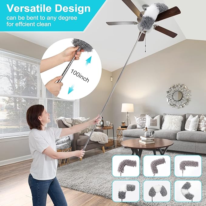 12pcs Microfiber Dusters, Duster with Extension Pole(Stainless Steel) 30 to 100'', Washable Dusters, Bendable Extendable Long Feather Duster for Cleaning Fan, High Ceiling, Blinds, Furniture, Cars