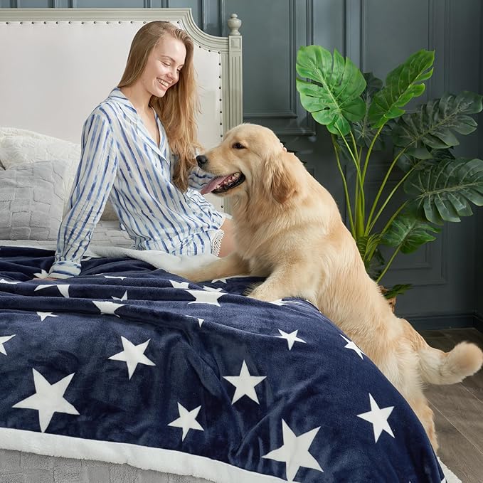 Cozy Bliss Luxury Sherpa Throw Blanket for Couch, Premium Reversible Thick Throw with Star Design, Warm Cozy Soft Blanket for Home and Gifts (Navy Blue, 60" x 80")