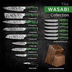 SENKEN Engraved Japanese Kitchen Knife Set with Beautiful Green Resin Wood Handles - Wasabi Collection - Chef's Knife, Bread, Cleaver, Paring, & More (16-Piece Knife Block Set)