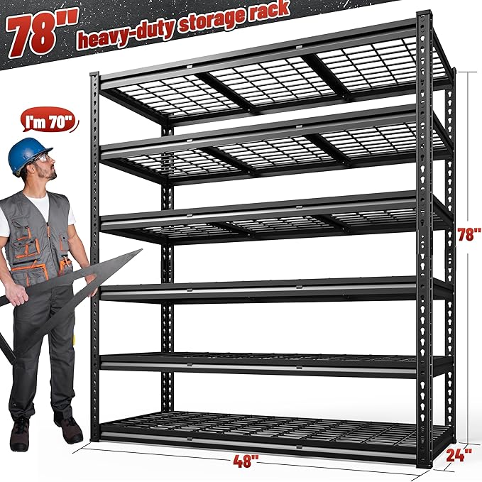 REIBII 3600LBS Garage Shelving 78" H Shelves for Garage Storage Metal Storage Shelves 6 Tier Adjustable Shelving Unit for Basement Warehouse Pantry 48" W X 24" D X 78" H