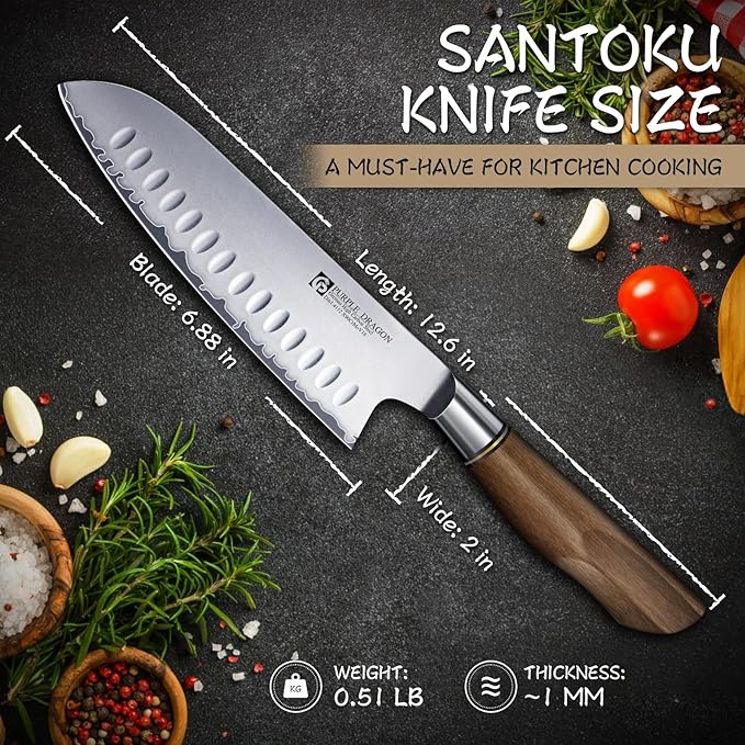 Purple Dragon Santoku Knife 7 Inch Japanese Chef Knife for Chopping Meat Cutting Vegetables, German Vg10 Steel Blade, Ergonomic Wooden Handle, Gift Box