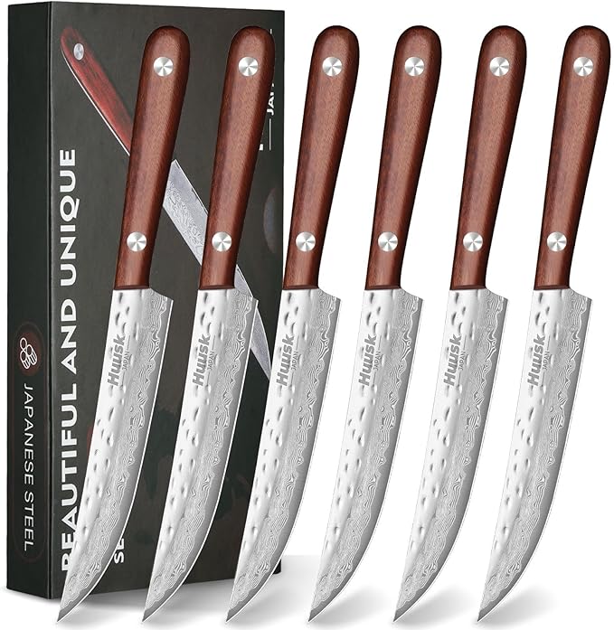 Huusk Steak Knives Set of 6, Japanese Steak Knives 4.9 Inch with Damascus Patterns, Non-serrated Steak Knife Sets With Sheaths, Sharp Steak Knife Set With Gift Box