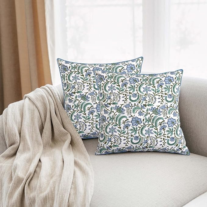 Ridhi Columbia Blue Block Print Cotton Throw Pillow Covers for Decorative Couch Pillows for Living Room, Chic Boho Cute Outdoor Valentine Pillows Covers Gifts 20x20 Inches