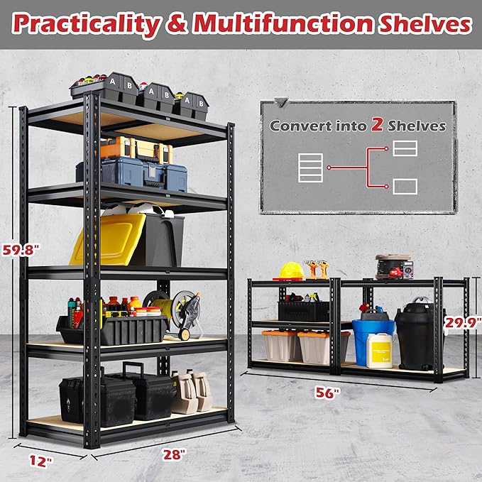 REIBII Storage Shelves 5 Tier Garage Shelving Heavy Duty Metal Shelving 2020LBS Adjustable Metal Shelf 59.8" H Pantry Shelf for Garage Pantry Closet Kitchen Basement 28" W x 12" D x 59.8" H, 2 Pack