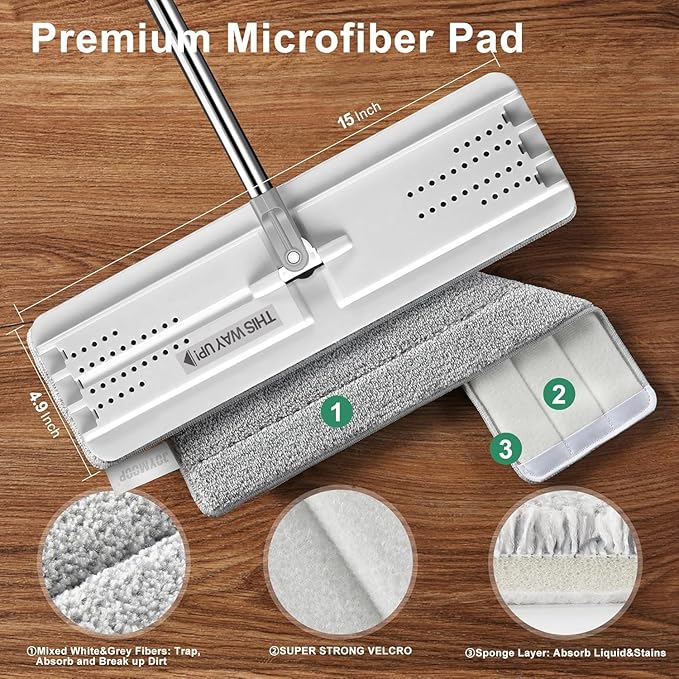 JOYMOOP Flat Mop, Microfiber Floor and Wall Cleaner, 60" Long Handle with 15" Flat Head with a Pad - White