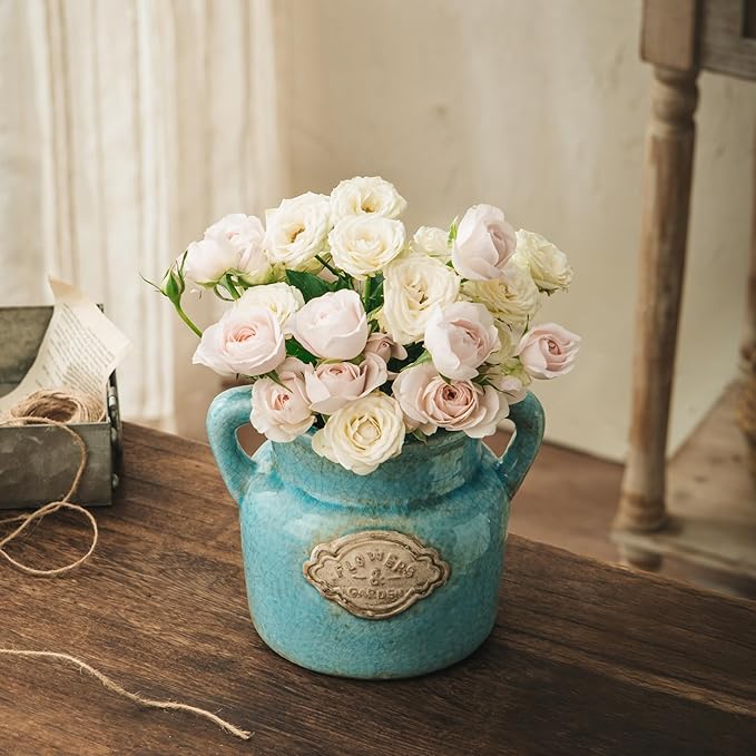 Blue Rustic Ceramic Vase, 5.8 Inch Distressed Wide Mouth Vase with Ice Cracked Glazed, Farmhouse Vintage Flower Vases for Home Office Decor Living Room Bedroom Table Centerpiece Decorations