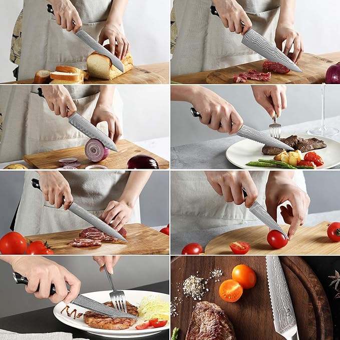 Damascus Kitchen Knife Set, 15-Piece Kitchen Knife Set with Block, ABS Ergonomic Handle for Chef Knife Set and Serrated Steak Knives Knife Sharpener and Kitchen Shears, Beechwood Block