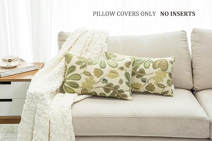 Mika Home Set of 2 Jacquard Tropical Leaf Pattern Oblong Throw Pillow Covers Accent Pillowcase 12X20 Inches,Green Cream