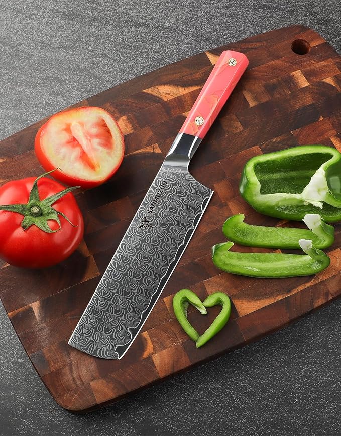 Kitchen Nakiri Knife 7 Inch, Professional Kitchen Chef Knife, Ultra Sharp Damascus Powder Steel with Full-tang Resin Handle, SHENG Series