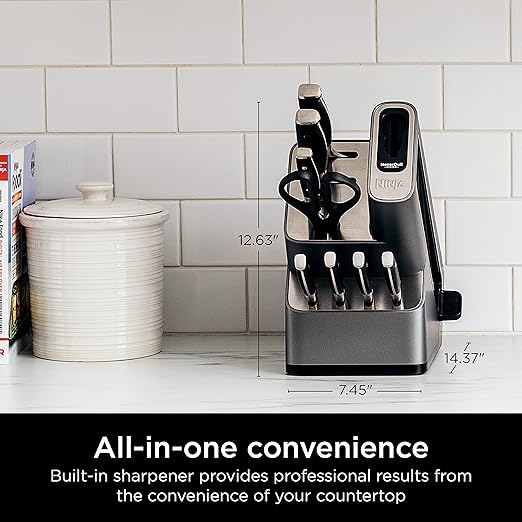Ninja K32009 Foodi NeverDull Premium Knife System, 9 Piece Knife Block Set with Built-in Sharpener, German Stainless Steel Knives, Black